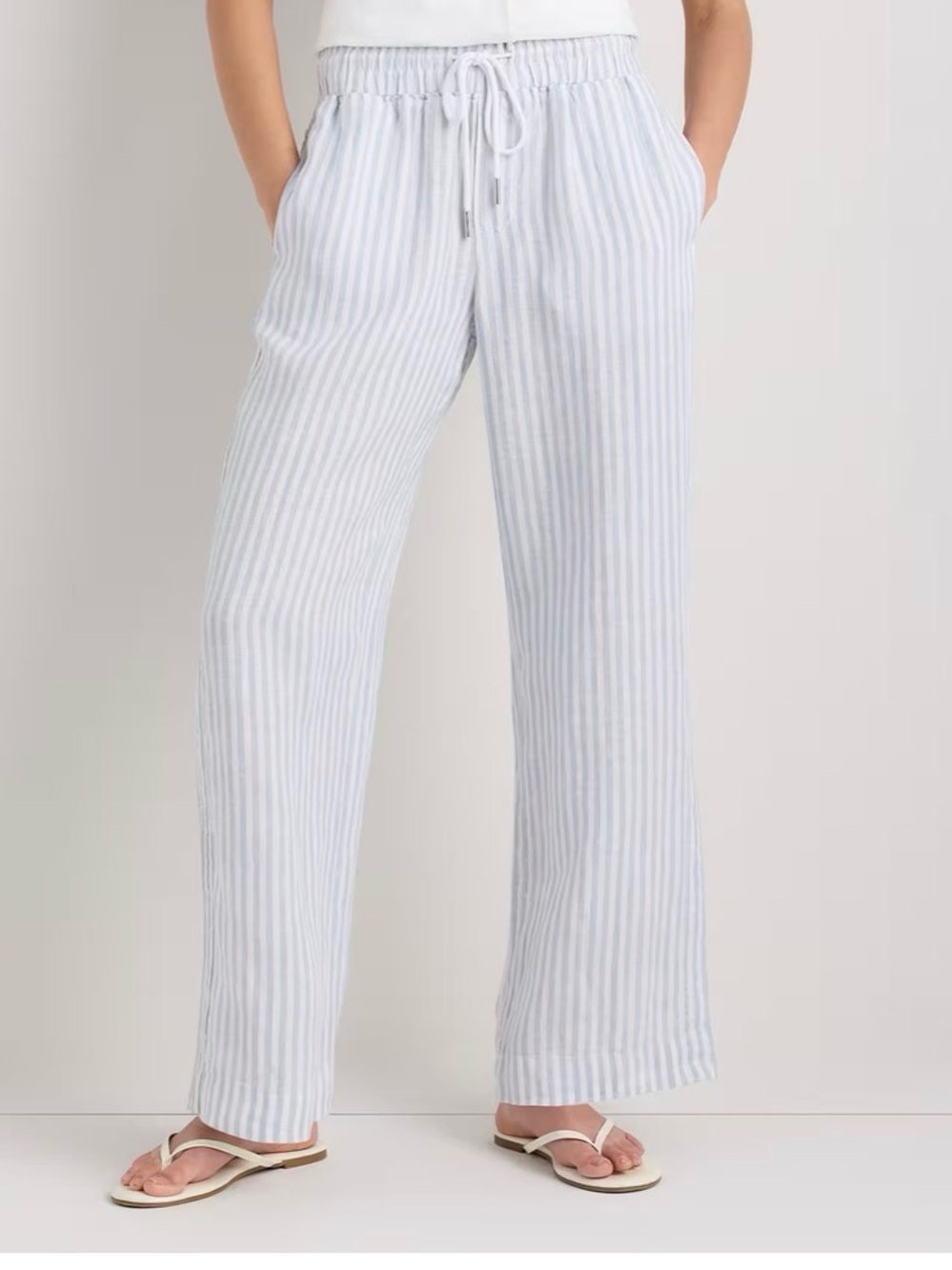 Women’s Quince Linen Wide Leg Pants Sky Blue Mariner Stripe Small Long